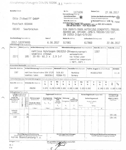 Abnahmeprüfzeugnis DIN EN 10204-3.1