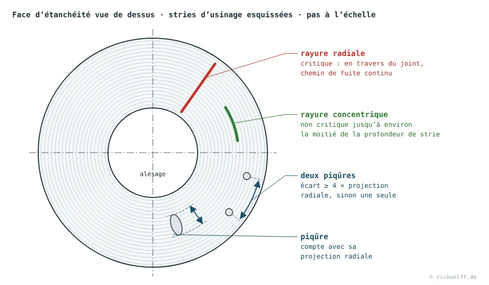 Face d’étanchéité vue de dessus avec stries d’usinage : rayure radiale en rouge (critique), rayure concentrique en vert (non critique), piqûre avec projection radiale et écart minimal entre deux piqûres