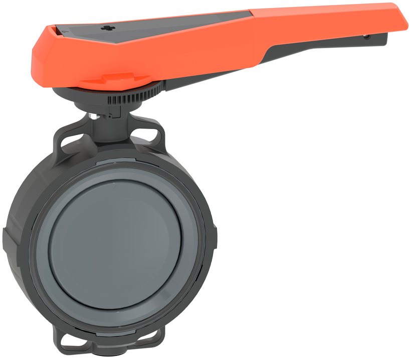 Zentrische Absperrklappe GF Typ 567 aus PVC-C mit orangem Handhebel