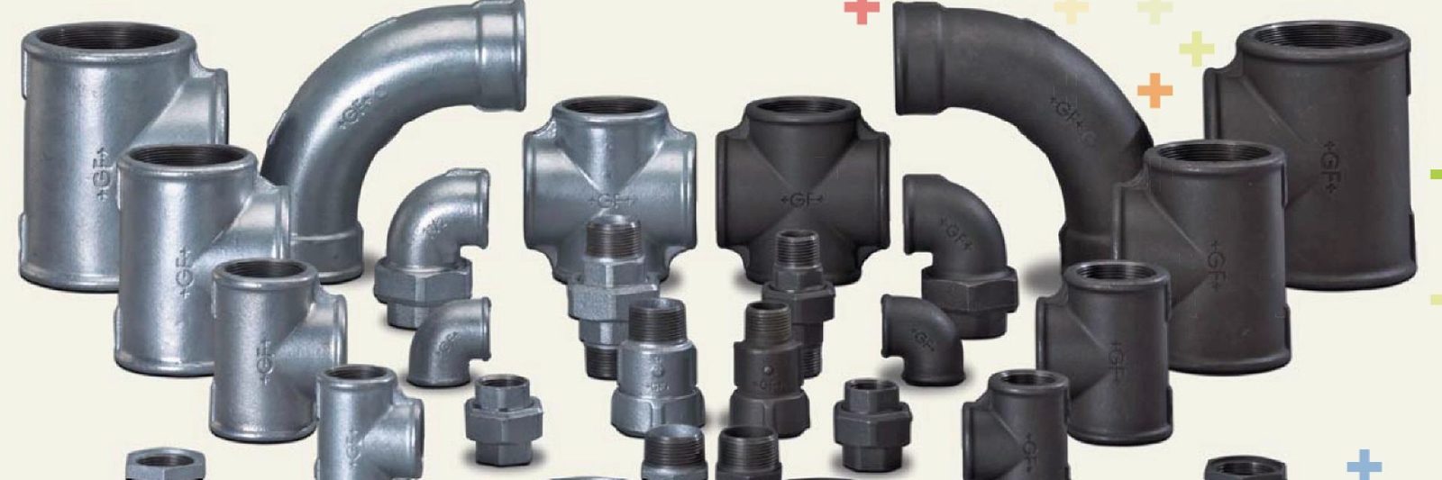 GF-Tempergussfittings in verzinkter und schwarzer Ausführung: Muffen, T-Stücke, Bogen, Kreuzstücke und Verschraubungen mit eingegossenem +GF+-Zeichen