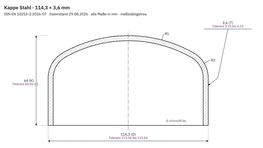 Messbild Kappe im Schnitt: Außendurchmesser D und Wanddicke T am Anschweißende, Gesamthöhe K von der Kante bis zum Scheitel