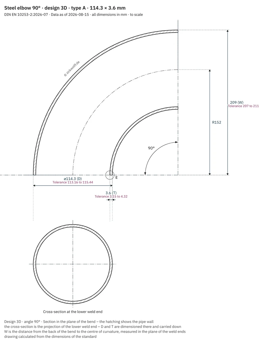 Measuring picture 90 degree elbow: outside diameter D and wall thickness T at the welding end, dimension W from the outside of the elbow to the centre, bend radius R on the axis, below it the cross-section at the welding end