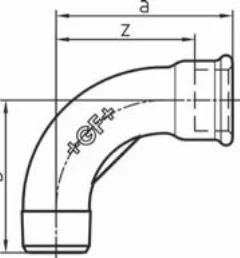 Maßskizze des Fittings Nr. 1 mit den Maßbuchstaben der Tabelle