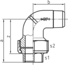 Maßskizze des Fittings Nr. 100 mit den Maßbuchstaben der Tabelle