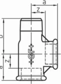 Maßskizze des Fittings Nr. 134 mit den Maßbuchstaben der Tabelle