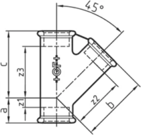 Maßskizze des Fittings Nr. 165 mit den Maßbuchstaben der Tabelle