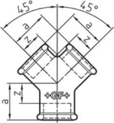 Maßskizze des Fittings Nr. 220 mit den Maßbuchstaben der Tabelle