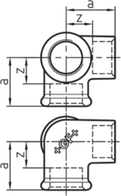 Maßskizze des Fittings Nr. 221 mit den Maßbuchstaben der Tabelle