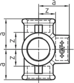 Maßskizze des Fittings Nr. 223 mit den Maßbuchstaben der Tabelle