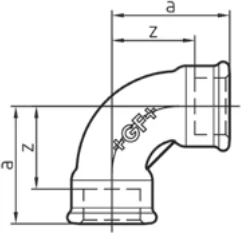 Maßskizze des Fittings Nr. 2a mit den Maßbuchstaben der Tabelle