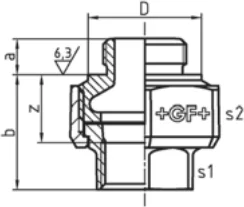 Maßskizze des Fittings Nr. 332 mit den Maßbuchstaben der Tabelle