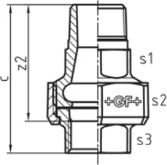 Maßskizze des Fittings Nr. 335 mit den Maßbuchstaben der Tabelle