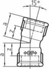 Maßskizze des Fittings Nr. 54 mit den Maßbuchstaben der Tabelle