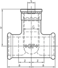 Maßskizze des Fittings Nr. 599a mit den Maßbuchstaben der Tabelle