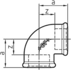 Maßskizze des Fittings Nr. 90 mit den Maßbuchstaben der Tabelle