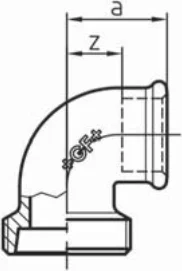 Maßskizze des Fittings Nr. 96 mit den Maßbuchstaben der Tabelle