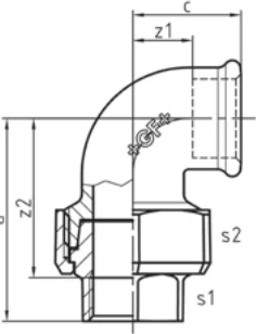 Maßskizze des Fittings Nr. 96 mit den Maßbuchstaben der Tabelle