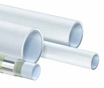 Uponor MLC Verbundrohre verschiedener Dimensionen, eines mit freigelegtem Schichtaufbau und sichtbarer Aluminiumschicht