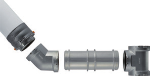Uponor RS Baugruppe aus Pressadapter, Winkel 45 Grad, Distanzadaptern 130 und 210 mm und T-Stück