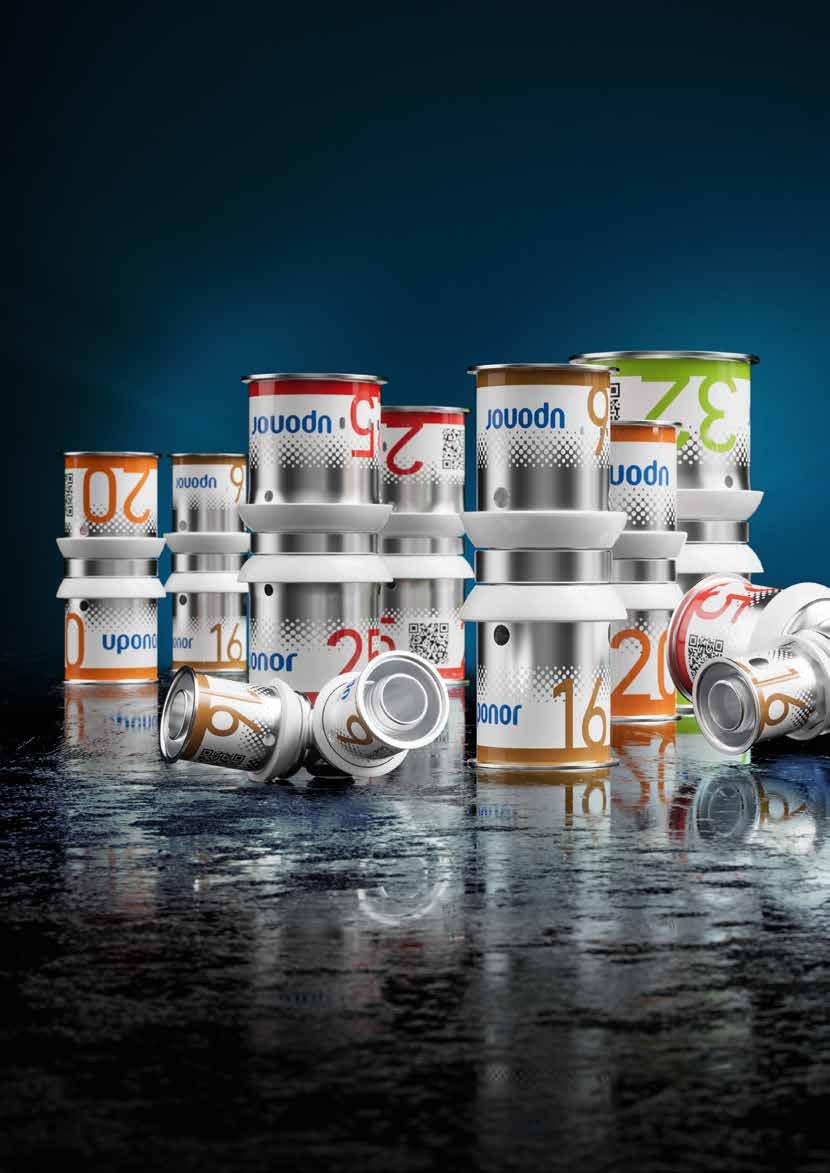 Uponor S-Press PLUS Fittings 16, 20, 25 und 32 mit farbcodierten Indikatorfolien auf der Edelstahl-Presshülse