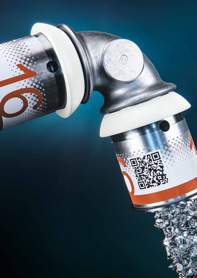 Uponor S-Press PLUS Winkel 90 Grad aus Messing, Dimension 16, mit Edelstahl-Presshülsen, Indikatorfolie und QR-Code